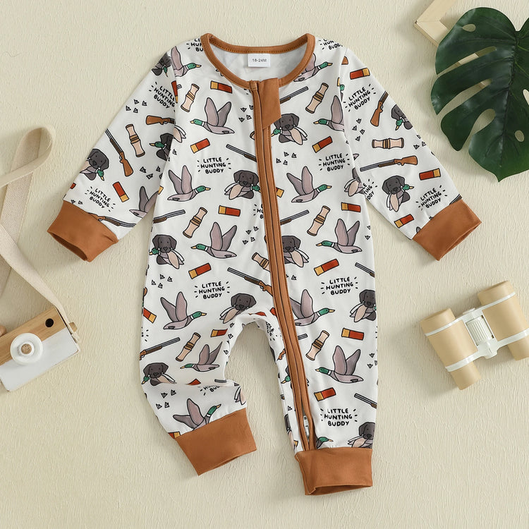 Infant Boys Fall Romper – Elk Print | Oblique Zipper | Long Sleeve Jumpsuit (0–18M)