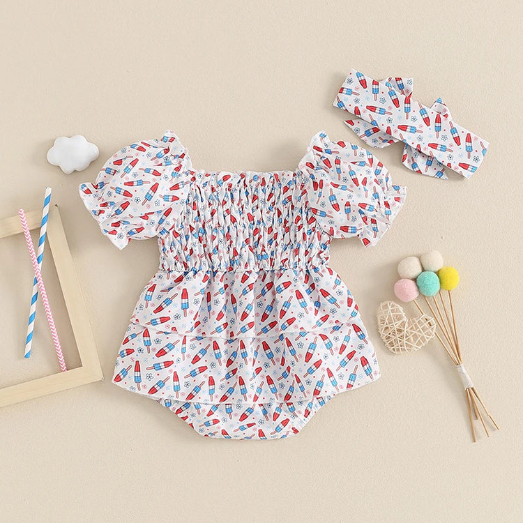 Baby Girl Summer Romper – Sleeveless Watermelon Print Jumpsuit with Bow Headband – Infant Beach Outfit for 4th of July