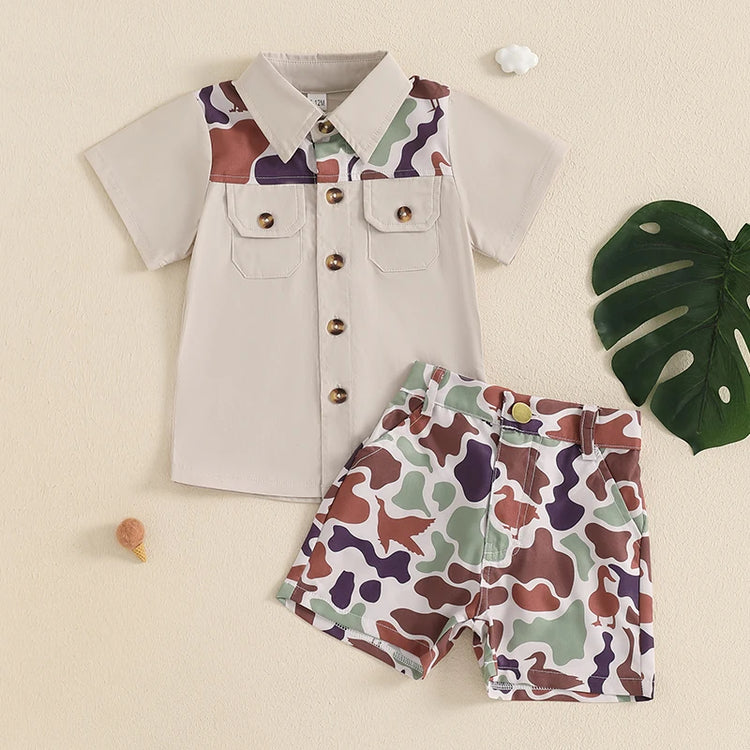 Infant Boy’s Summer Camo Print Short Sleeve Shirt & Shorts Set with Button-Down Collar – 2 Piece Outfit