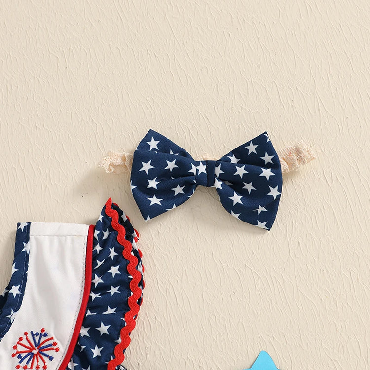 Toddler Girls 4th of July Romper – American Flag Print Sleeveless Ruffle Jumpsuit with Headband, 2-Piece Independence Day Outfit