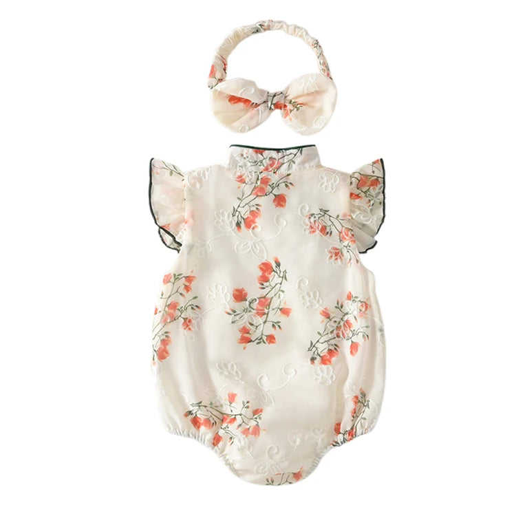 Toddler Girls Traditional Chinese Dress Set — Embroidered Floral Romper with Matching Headband, Summer Outfit