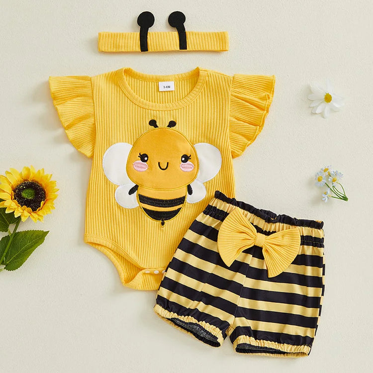 Toddler Girl Floral Print Sleeveless Romper with Ruffle Shorts & Headband 3-Piece Summer Outfit Set