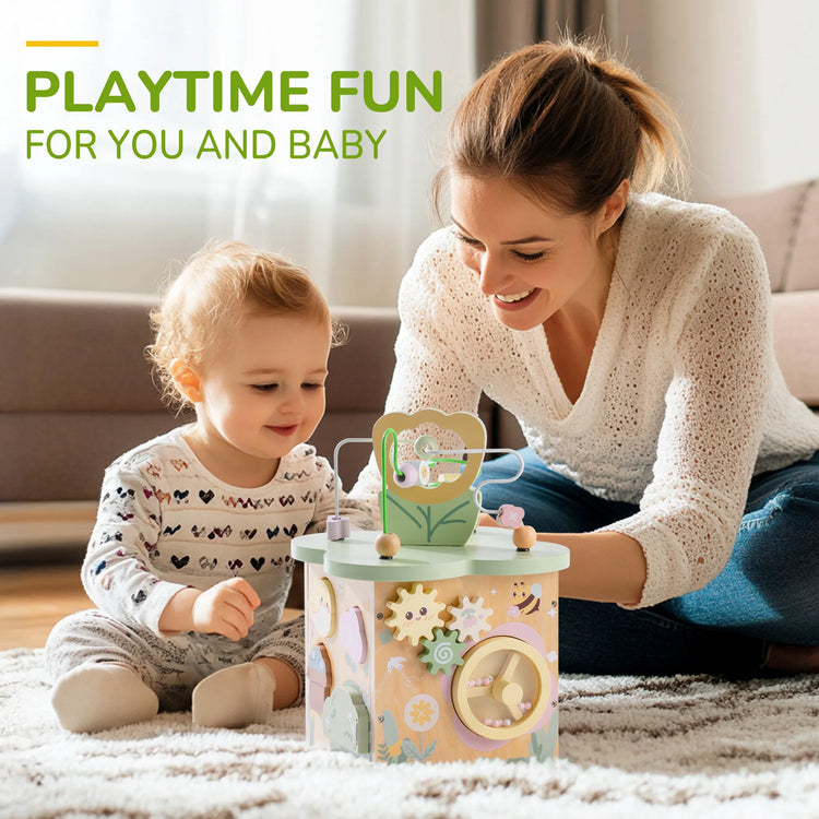 ROBOTIME Wooden Activity Cube Educational Wooden Toys with 7 Functional Areas Flower Bush Theme Montessori Toys for Toddlers