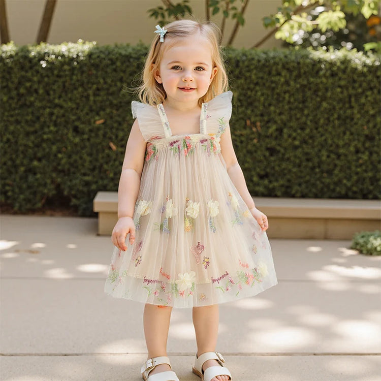 Toddler Girl Sleeveless Floral Embroidered Tulle Dress with Ruffle Square Neckline – Princess Party Dress for Baby Girl