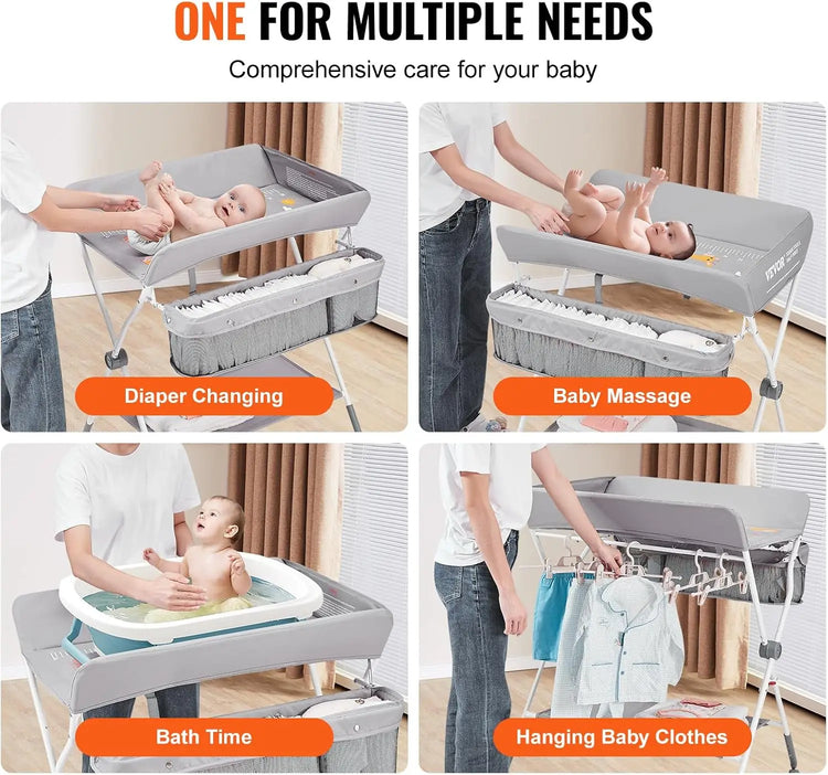 Baby Changing Table – Foldable & Portable Diaper Changing Station with Lockable Wheels, Adjustable 3-Level Height, Storage Basket & Hanging Racks for Newborns & Infants (Grey)