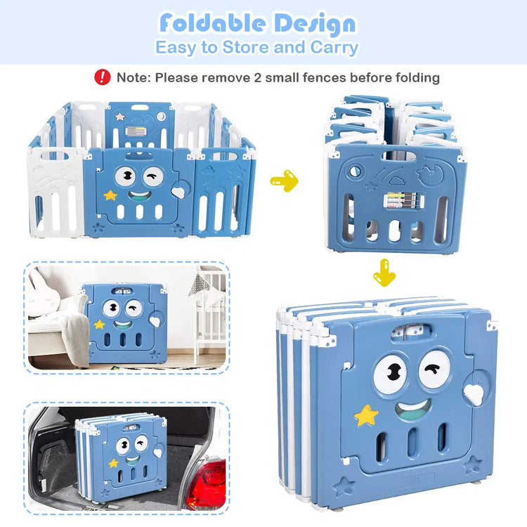Foldable Playpen, 16-Panel Play Yard With Lock Door & Anti-Slip Rubber Bases, Indoor Outdoor Safety Fence, Adjustable Shape for