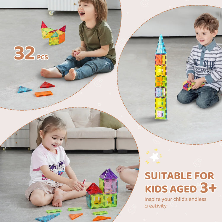 SucceBuy 32PCS Magnetic Tiles Building Blocks – STEM Educational Toys for Kids Ages 3–8 | Creative Sensory Stacking Set for Boys & Girls