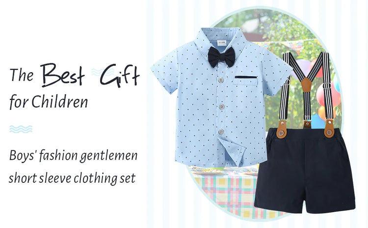 Toddler Baby Boy Clothes 1–5T – Gentleman Suit Set with Short Sleeve Shirt, Bowtie & Suspender Pants – Formal Toddler Dress Outfit for Boys