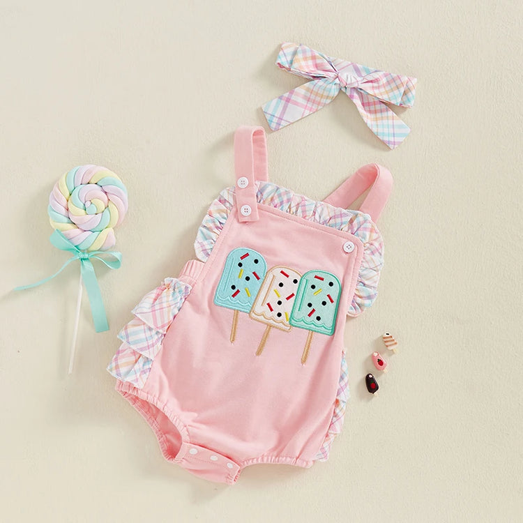 Toddler Girl Summer Watermelon Print Romper with Ruffles & Matching Headband — Sleeveless Jumpsuit Outfit Set