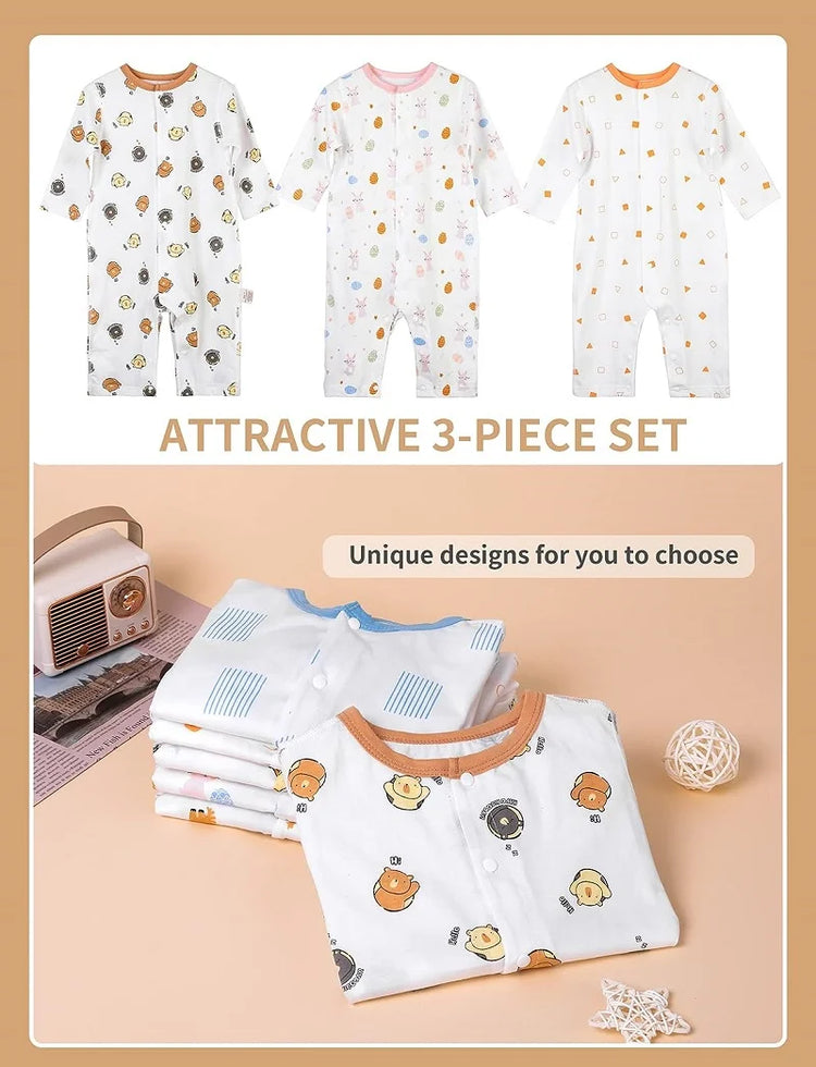 MICHLEY 3pcs Baby Short-Sleeve Rompers & Long-Sleeve Jumpsuit Bodysuit – Soft White Cartoon Infant Clothes Overalls for Boys & Girls