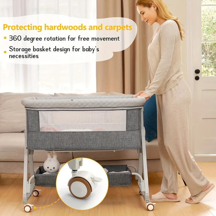 3 in 1 Baby Bassinet Bedside Sleeper, Breathable Mesh Safe Bedside Bassinet for Baby, Easy Assemble and Folding Portable with Wheels