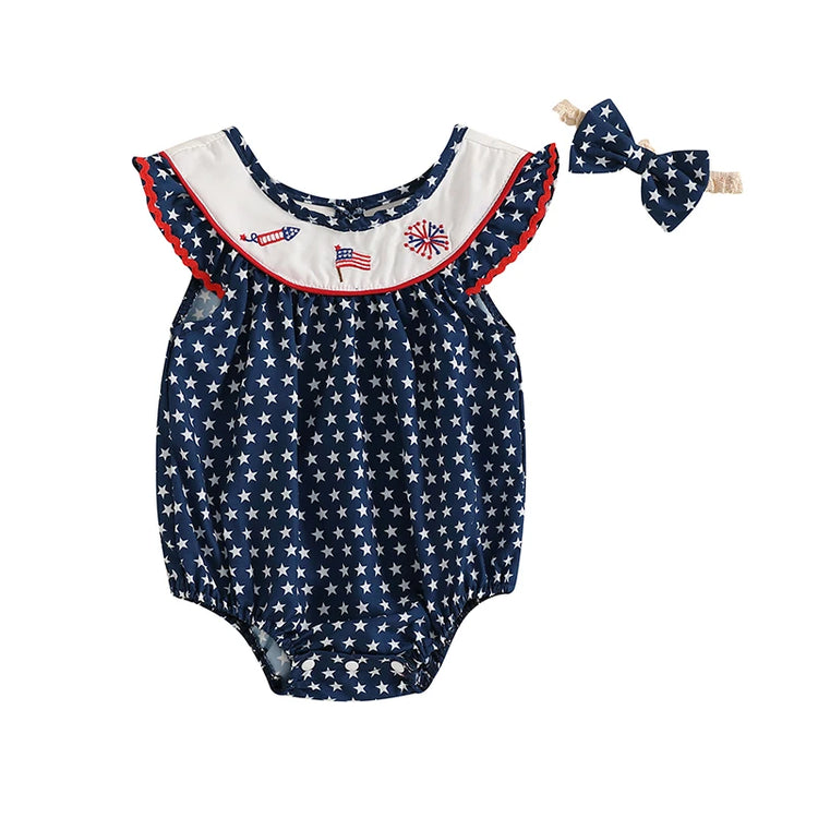 Toddler Girls 4th of July Romper – American Flag Print Sleeveless Ruffle Jumpsuit with Headband, 2-Piece Independence Day Outfit