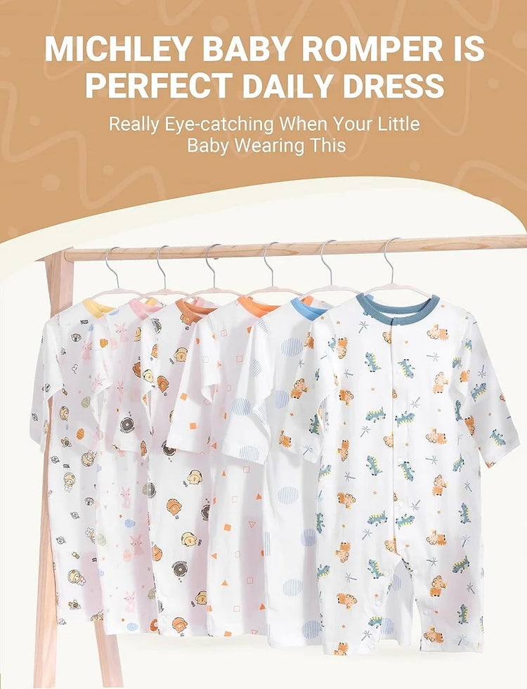 MICHLEY 3pcs Baby Short-Sleeve Rompers & Long-Sleeve Jumpsuit Bodysuit – Soft White Cartoon Infant Clothes Overalls for Boys & Girls