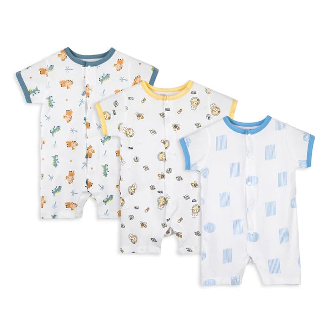 MICHLEY 3pcs Baby Short-Sleeve Rompers & Long-Sleeve Jumpsuit Bodysuit – Soft White Cartoon Infant Clothes Overalls for Boys & Girls