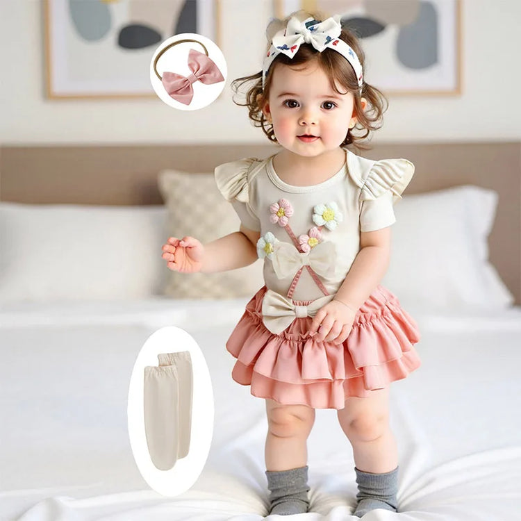 Toddler Girls Floral Print Romper with Ruffle Sleeves, Matching Shorts & Headband – Cute Summer Baby Outfit Set