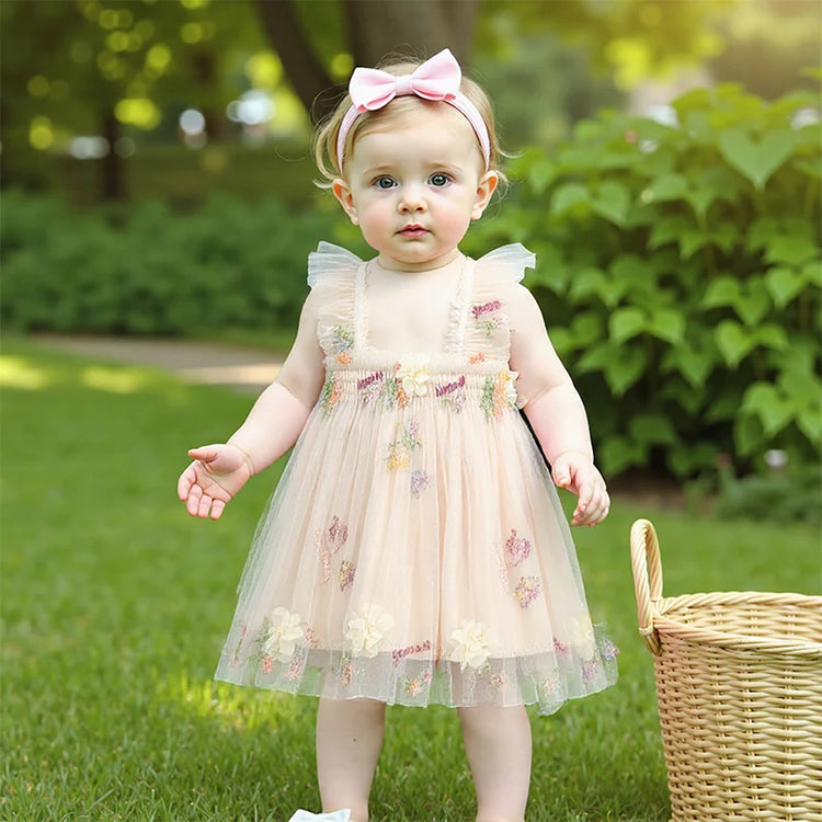 Toddler Girl Sleeveless Floral Embroidered Tulle Dress with Ruffle Square Neckline – Princess Party Dress for Baby Girl
