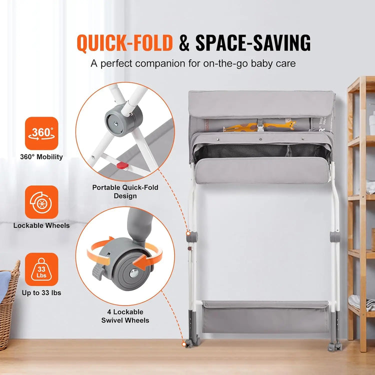 Baby Changing Table – Foldable & Portable Diaper Changing Station with Lockable Wheels, Adjustable 3-Level Height, Storage Basket & Hanging Racks for Newborns & Infants (Grey)