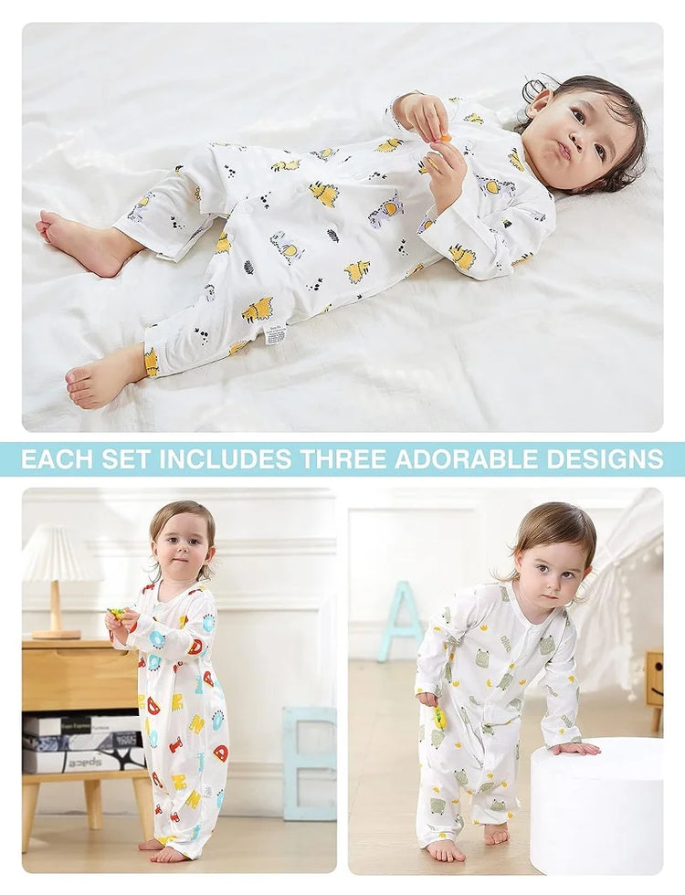 MICHLEY 3pcs Baby Short-Sleeve Rompers & Long-Sleeve Jumpsuit Bodysuit – Soft White Cartoon Infant Clothes Overalls for Boys & Girls