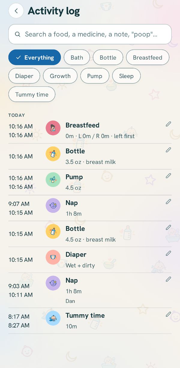 The Activity log, every entry by day
