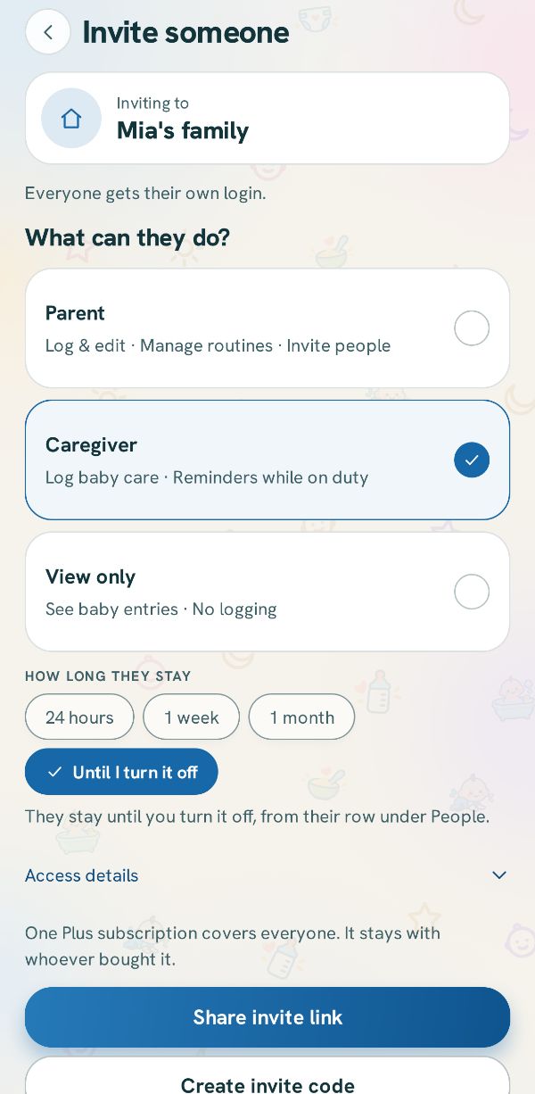 Invite someone, with Caregiver picked and how long they stay