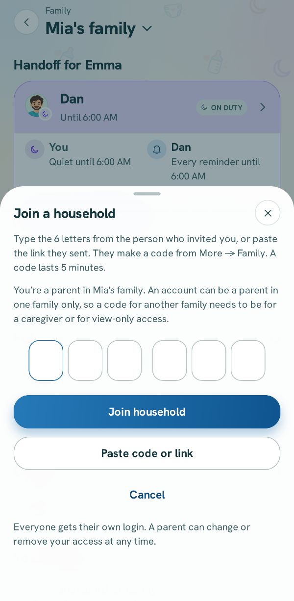 Join a household, where the code is typed