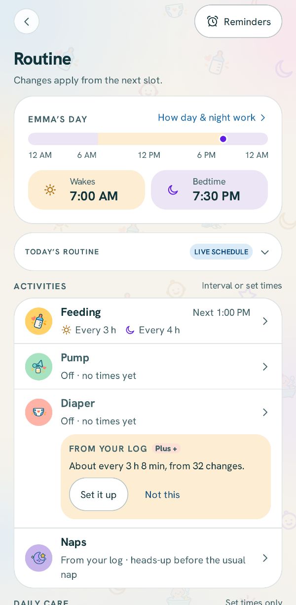 The Routine page with the day and the activities