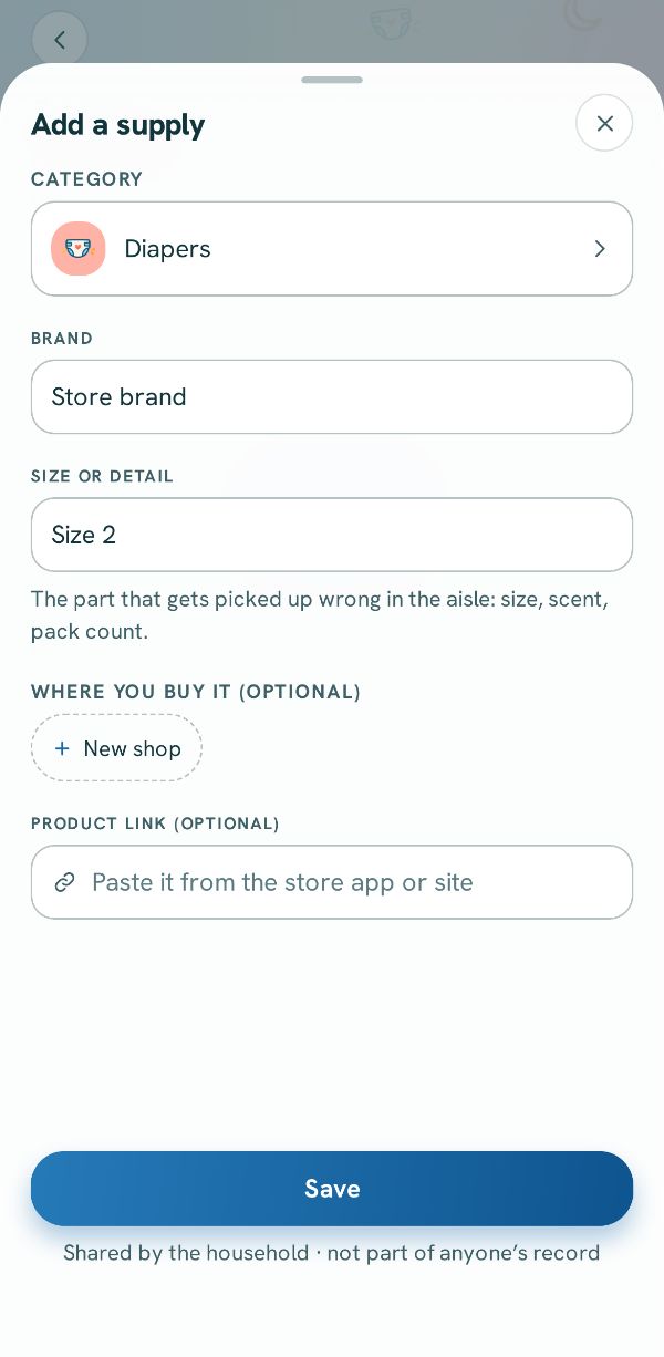 A supply with its brand and size