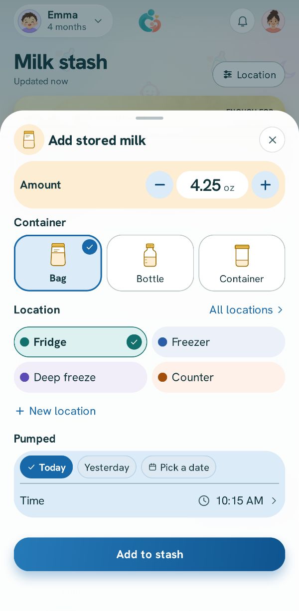 Adding stored milk to the stash