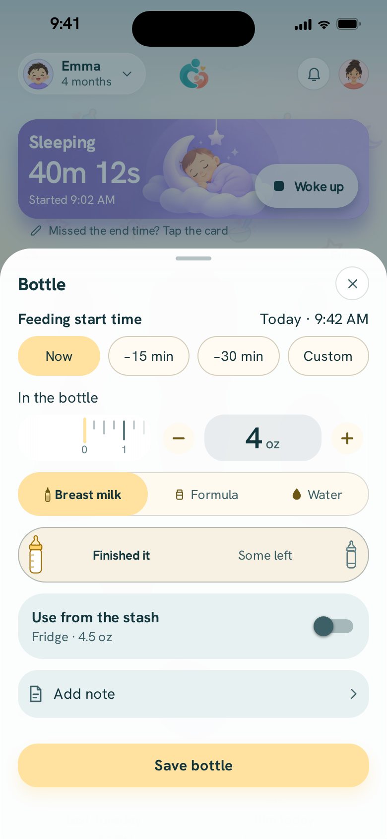 Logging a bottle: who it is for, when, how much, and what kind of milk.
