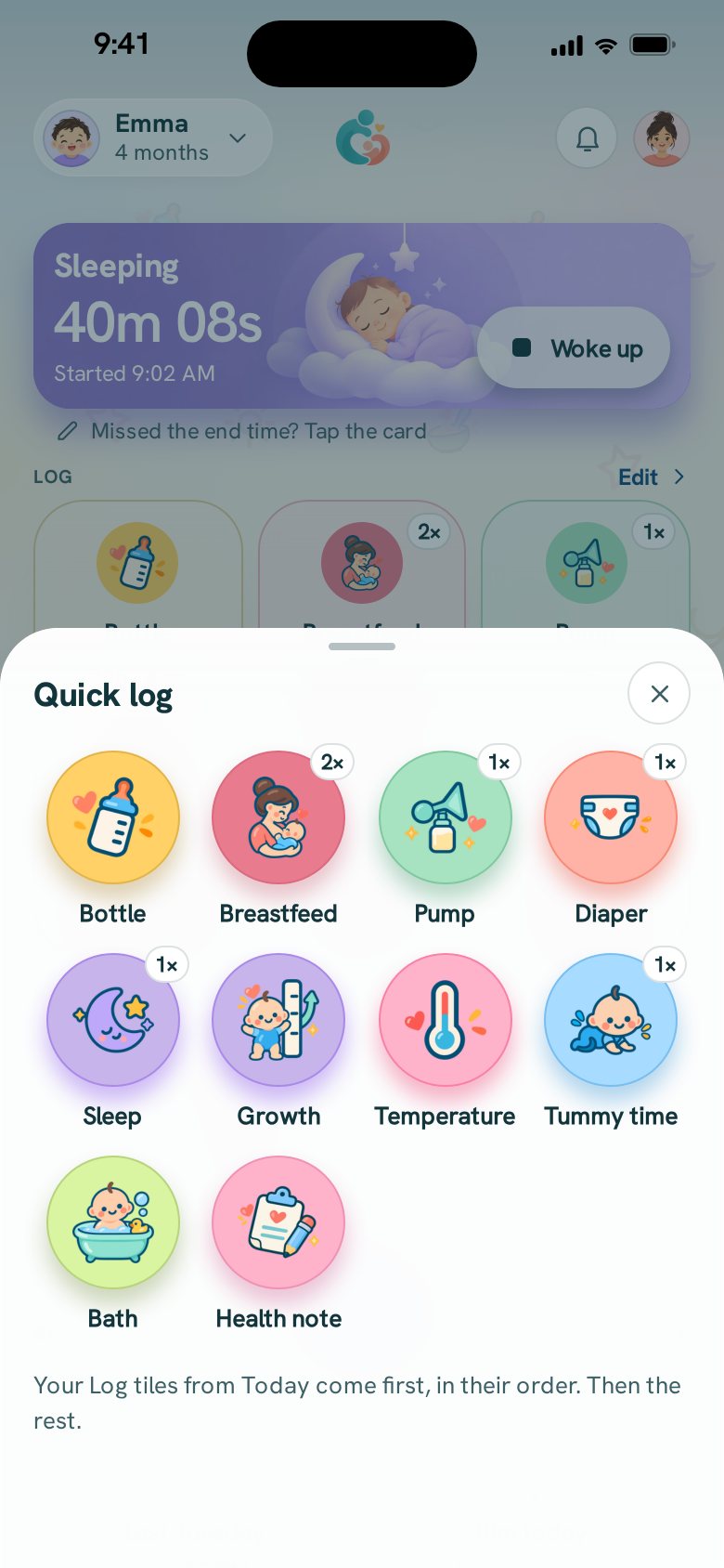 The + button’s grid: every kind of entry the family logs, one tap each.