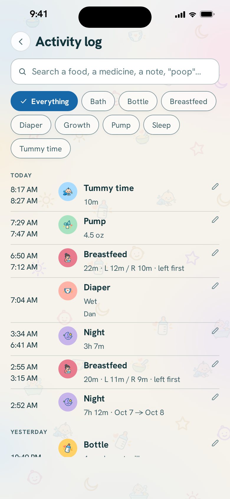 The Log: every bottle, diaper, pump, nap and measurement today, with who logged it.