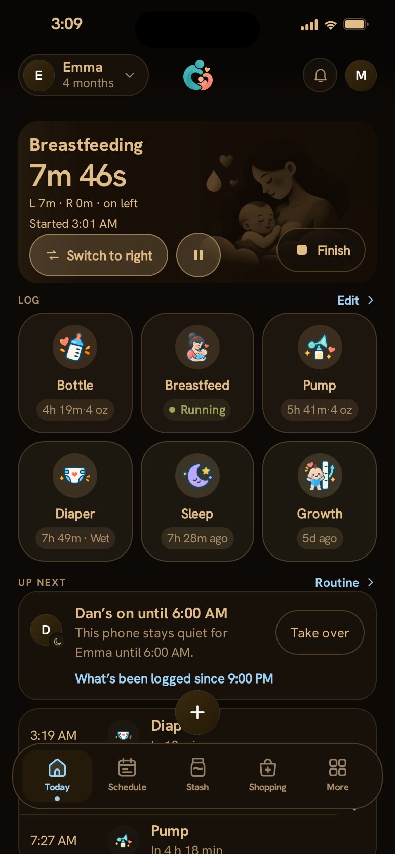 The Today screen in Night, a dim amber theme for feeding in a dark room.