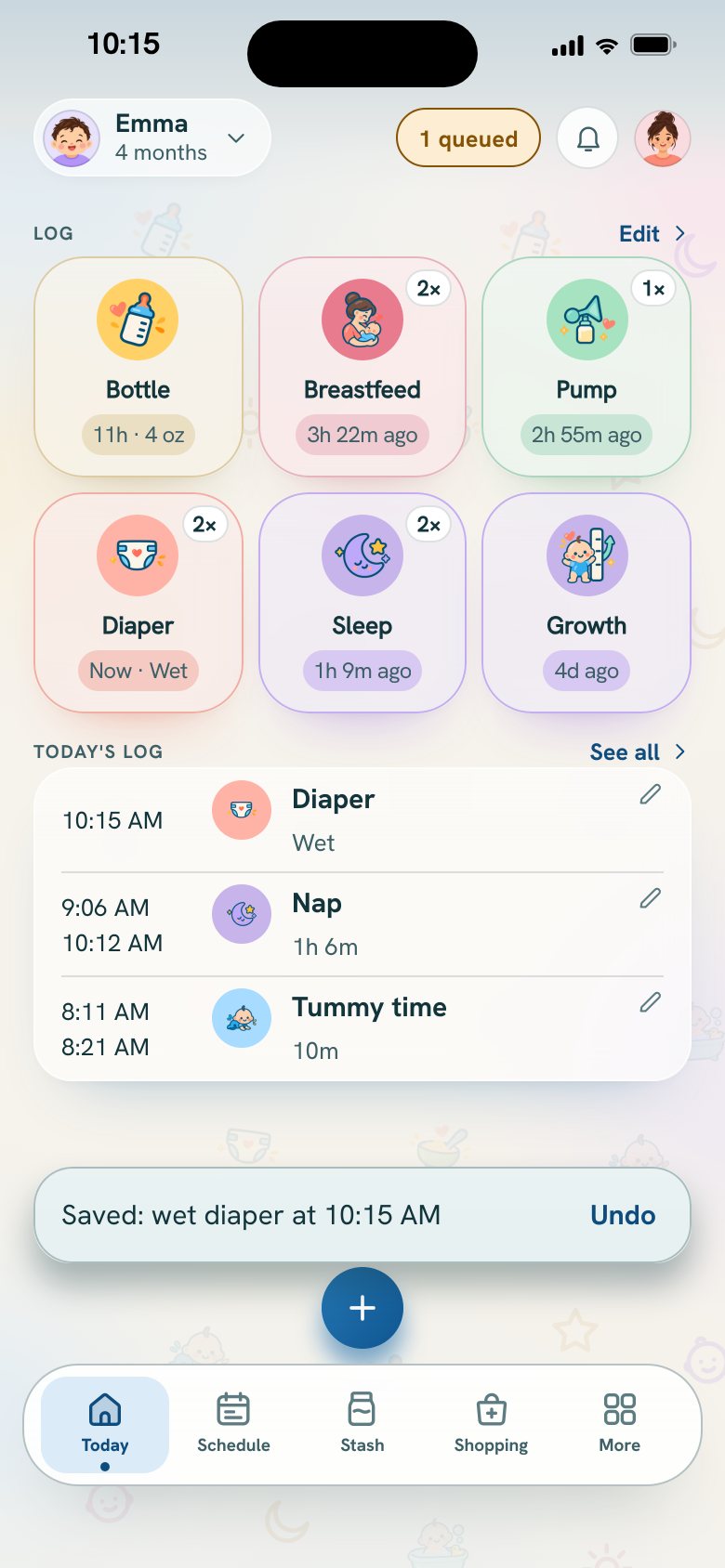 Logging in airplane mode: the diaper is saved on the phone and waits to be shared.