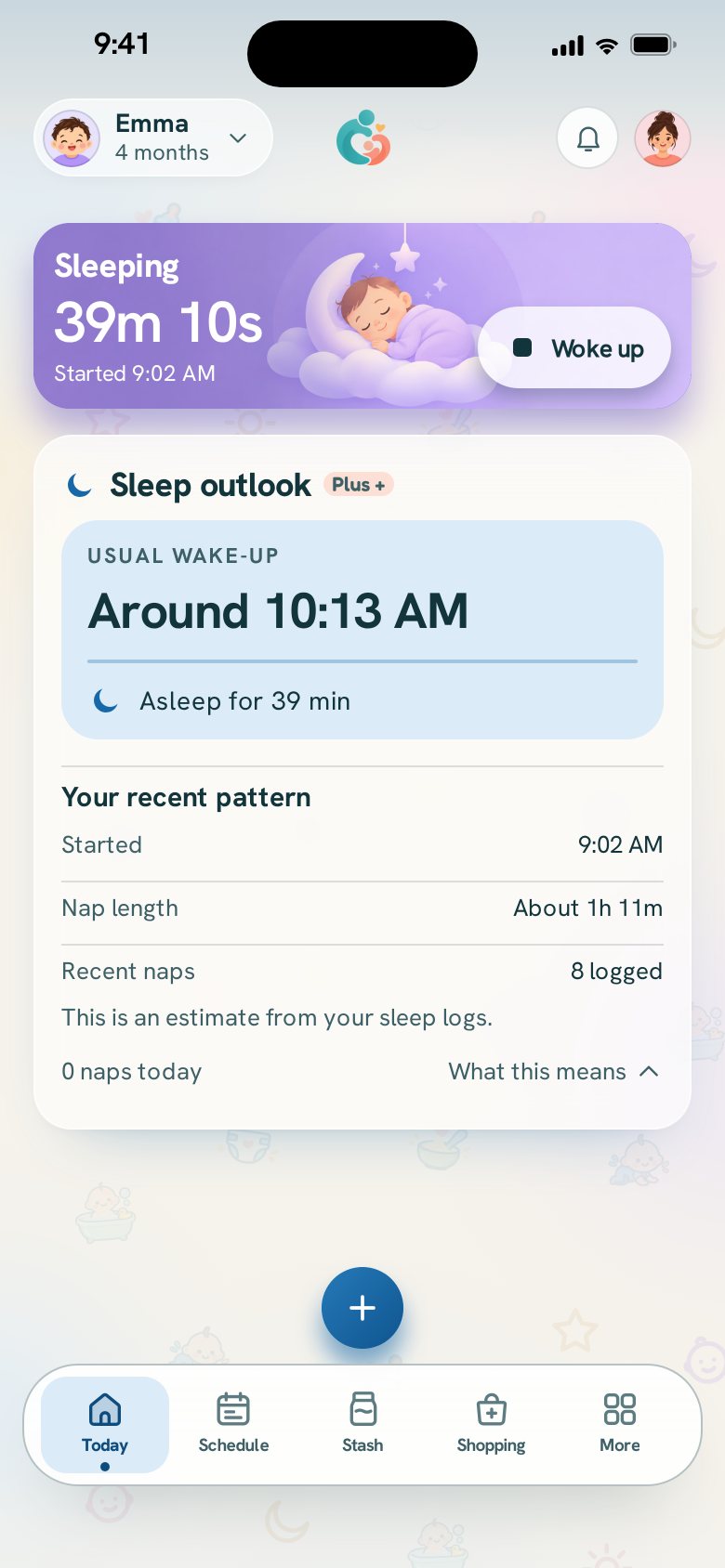 The sleep outlook while she naps: her usual wake-up time, drawn from the naps already logged.