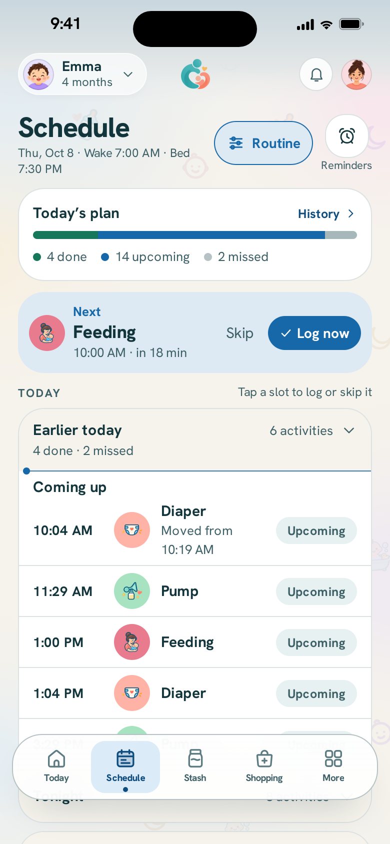 The Schedule: what is done today, what was missed, and when each next one is due.