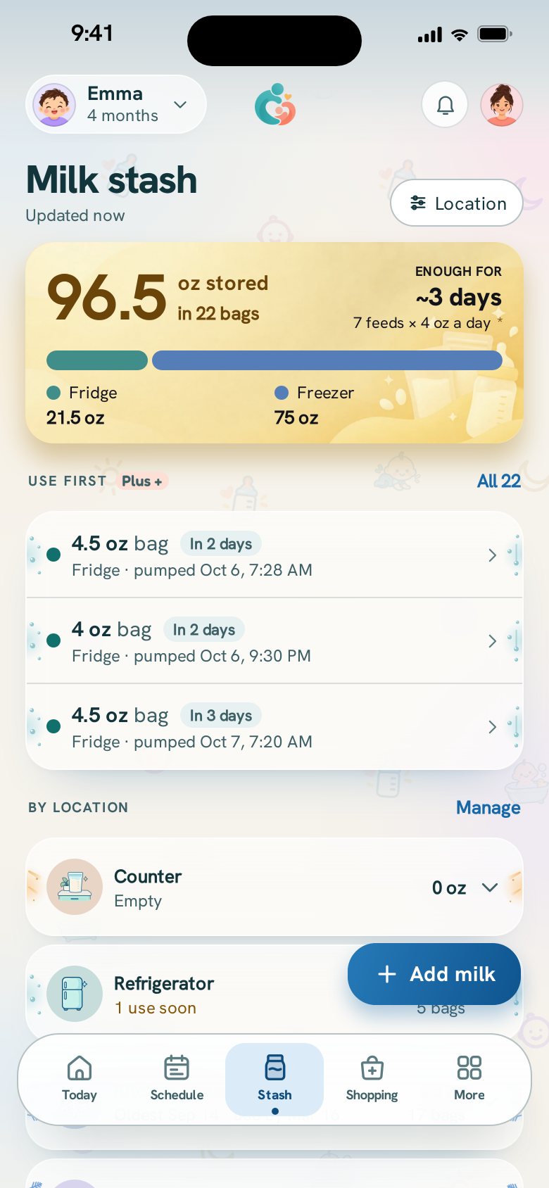 The milk stash: the total in the fridge and freezer, and the containers to use first.
