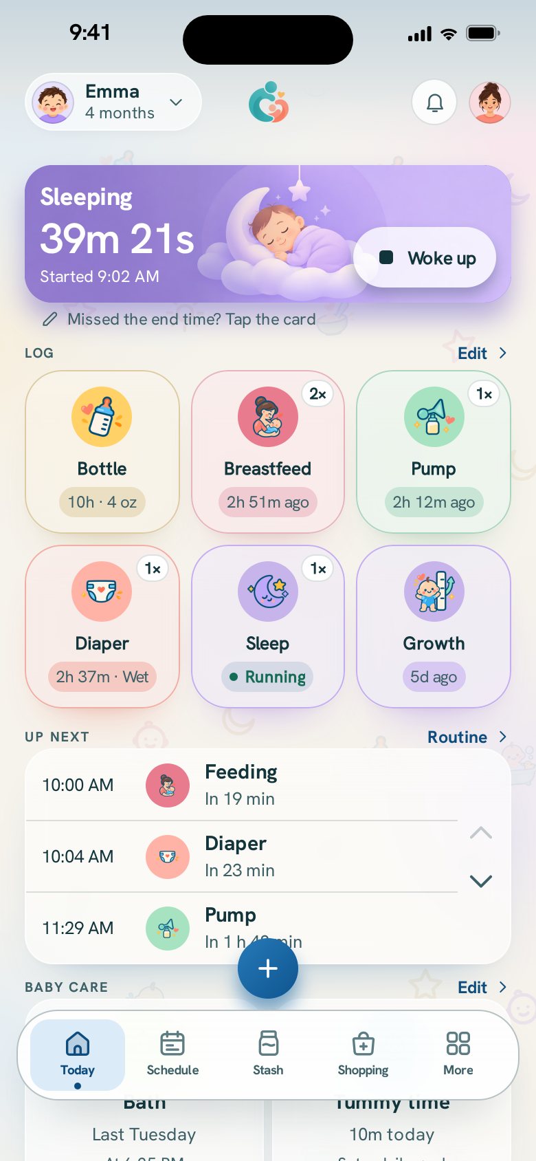 The Today screen: a nap timer running, the day’s bottles, pumps and diapers, and what comes next.