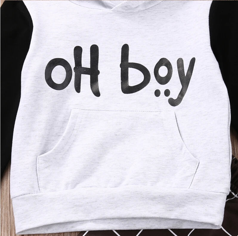 Pudcoco 2pcs Toddler Baby Boy Clothes Set – "OH BOY" Print Hoodie & Plaid Pants – Casual Unisex Outfits for 0-6 Months