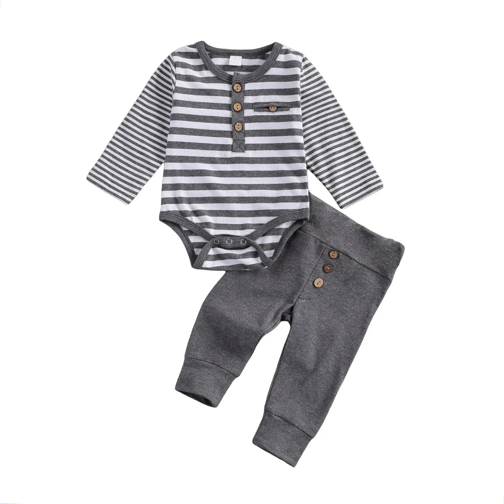 lioraitiin 2-Piece Baby Casual Outfit – Long Sleeve Striped Romper & Loose Trousers for Boys and Girls