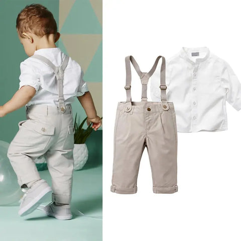 Bobora Baby Boy Toddler 2-Piece Set – Formal Shirt & Bib Pants for Wedding, Party & Daily Wear (Spring/Autumn)