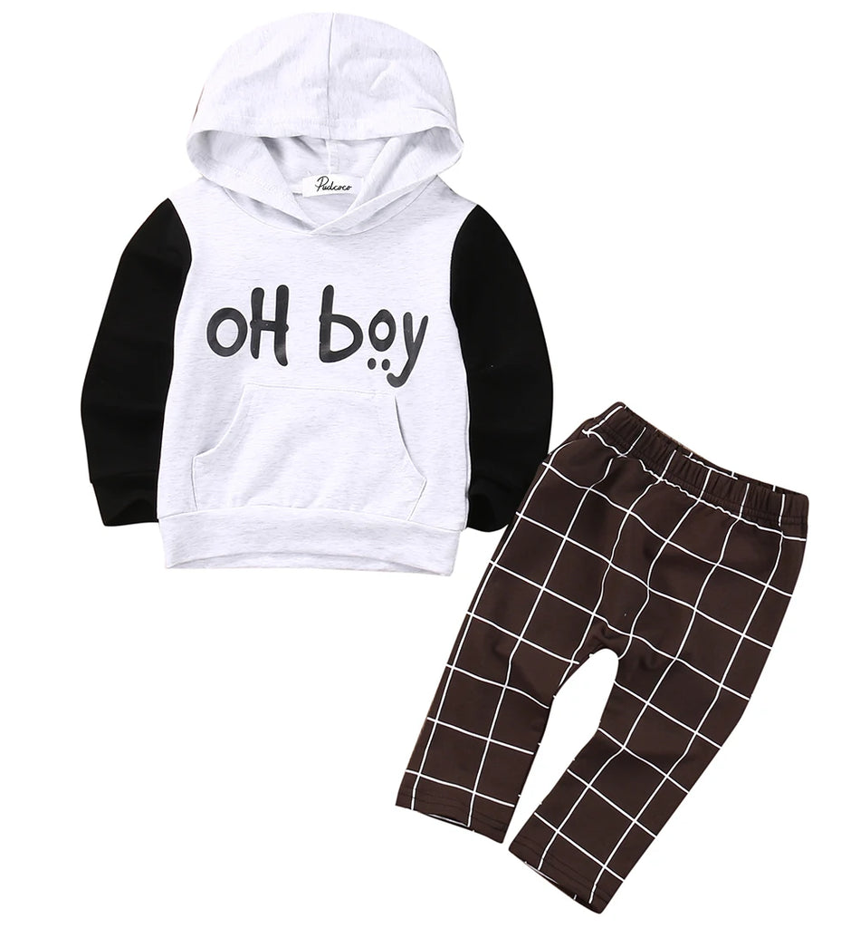 Pudcoco 2pcs Toddler Baby Boy Clothes Set – "OH BOY" Print Hoodie & Plaid Pants – Casual Unisex Outfits for 0-6 Months