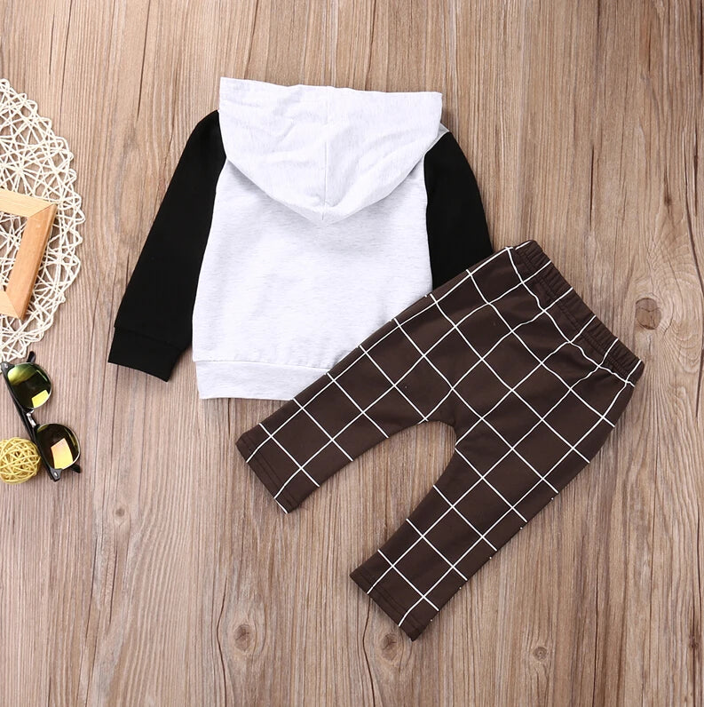 Pudcoco 2pcs Toddler Baby Boy Clothes Set – "OH BOY" Print Hoodie & Plaid Pants – Casual Unisex Outfits for 0-6 Months