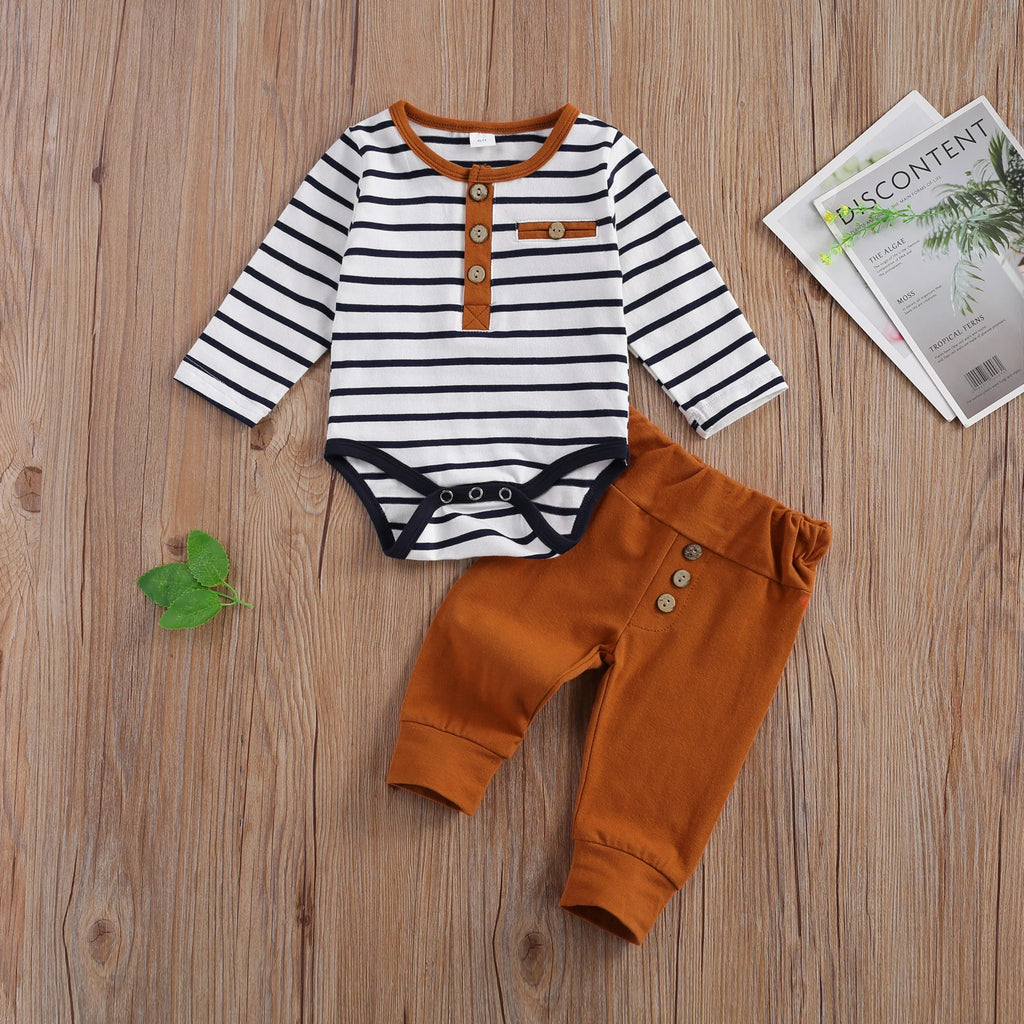 lioraitiin 2-Piece Baby Casual Outfit – Long Sleeve Striped Romper & Loose Trousers for Boys and Girls