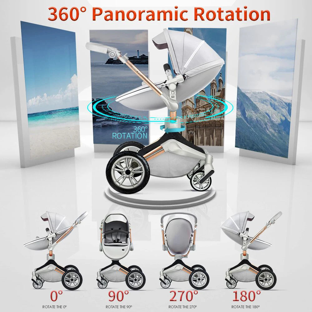 Hot Mom F023 2-in-1 Baby Stroller – 360° Rotating PU Leather Travel System with Bassinet, Rain Cover & Accessories | Foldable Luxury Stroller (0–4 Years)