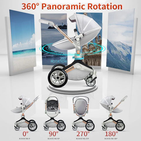 Hot Mom F023 2-in-1 Baby Stroller – 360° Rotating PU Leather Travel System with Bassinet, Rain Cover & Accessories | Foldable Luxury Stroller (0–4 Years)