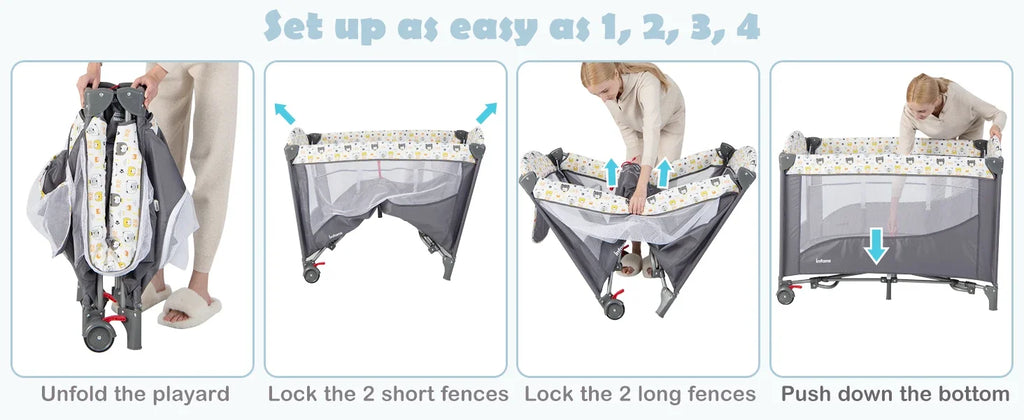 Pack and Play, 5 in 1 Baby Bedside Sleeper with Bassinet, Diaper Changer, Mattress, Carry Bag, Music Box Hanging Toys (Bear)