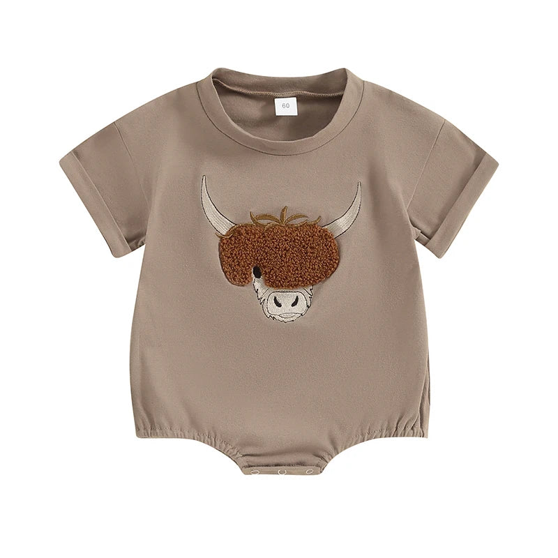 Lioraitiin 0–18M Baby Boy Girl Romper – Round Neck Cow Embroidery Short Sleeve Jumpsuit, Infant Summer Outfit