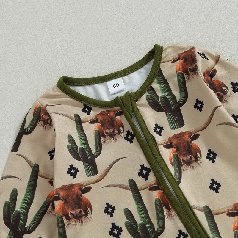 Lioraitiin Infant Baby Boys Jumpsuit – Long Sleeve Cow/Horse Print Zipped Romper for Autumn (0-12M)