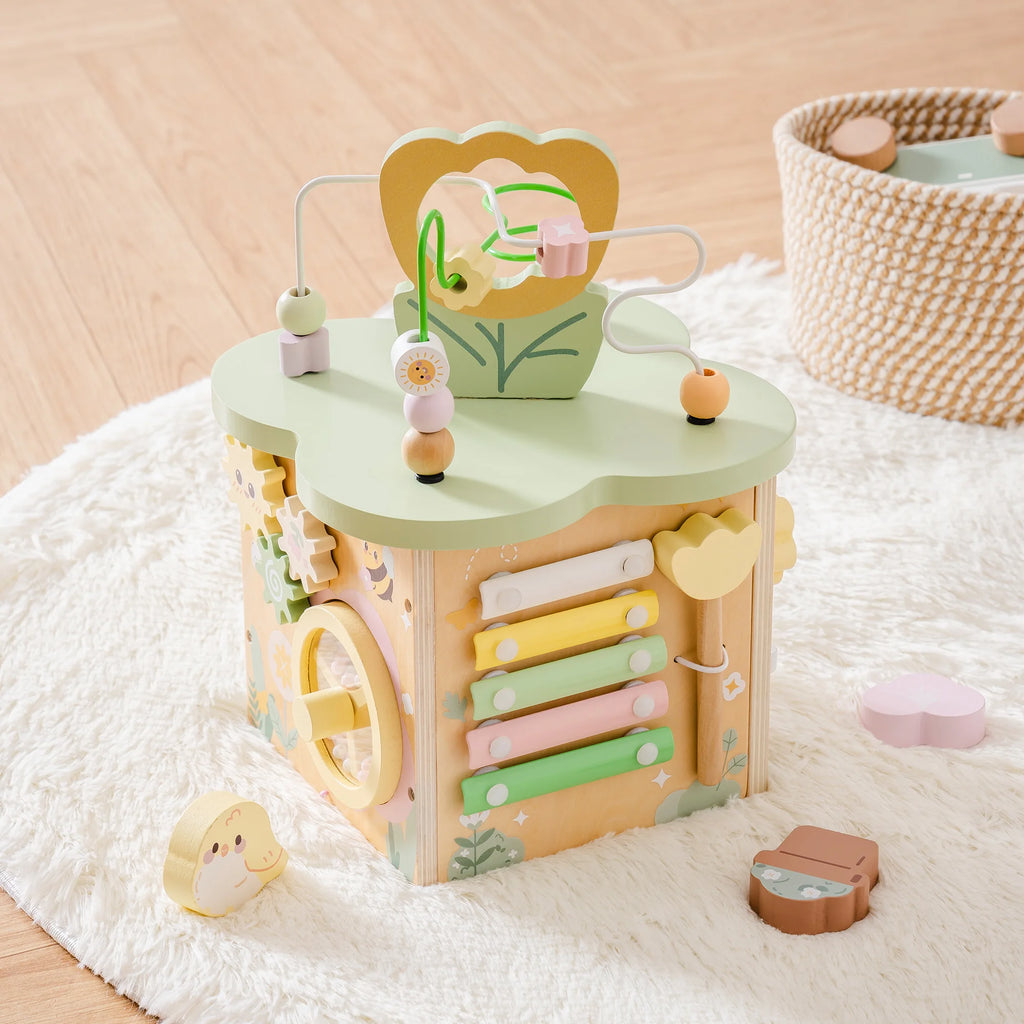 ROBOTIME Wooden Activity Cube Educational Wooden Toys with 7 Functional Areas Flower Bush Theme Montessori Toys for Toddlers
