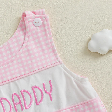 Cute Baby Girl Romper – Sleeveless Infant Bodysuit with Adorable Letter Embroidery & Plaid Design, Round Neck Jumpsuit for Newborns & Toddlers